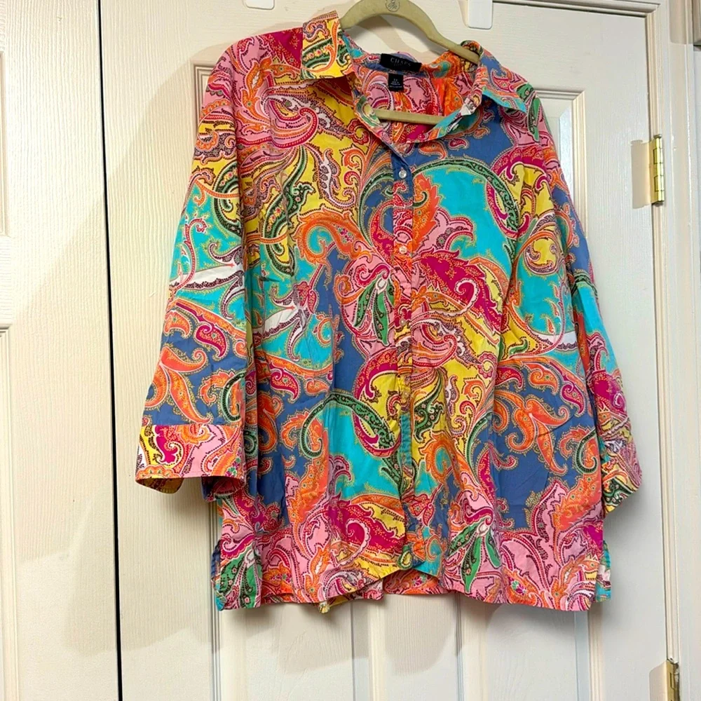Chaps Ralph Lauren pastel paisley 3/4 sleeves button down shirt women’s 3x - Picture 1 of 5